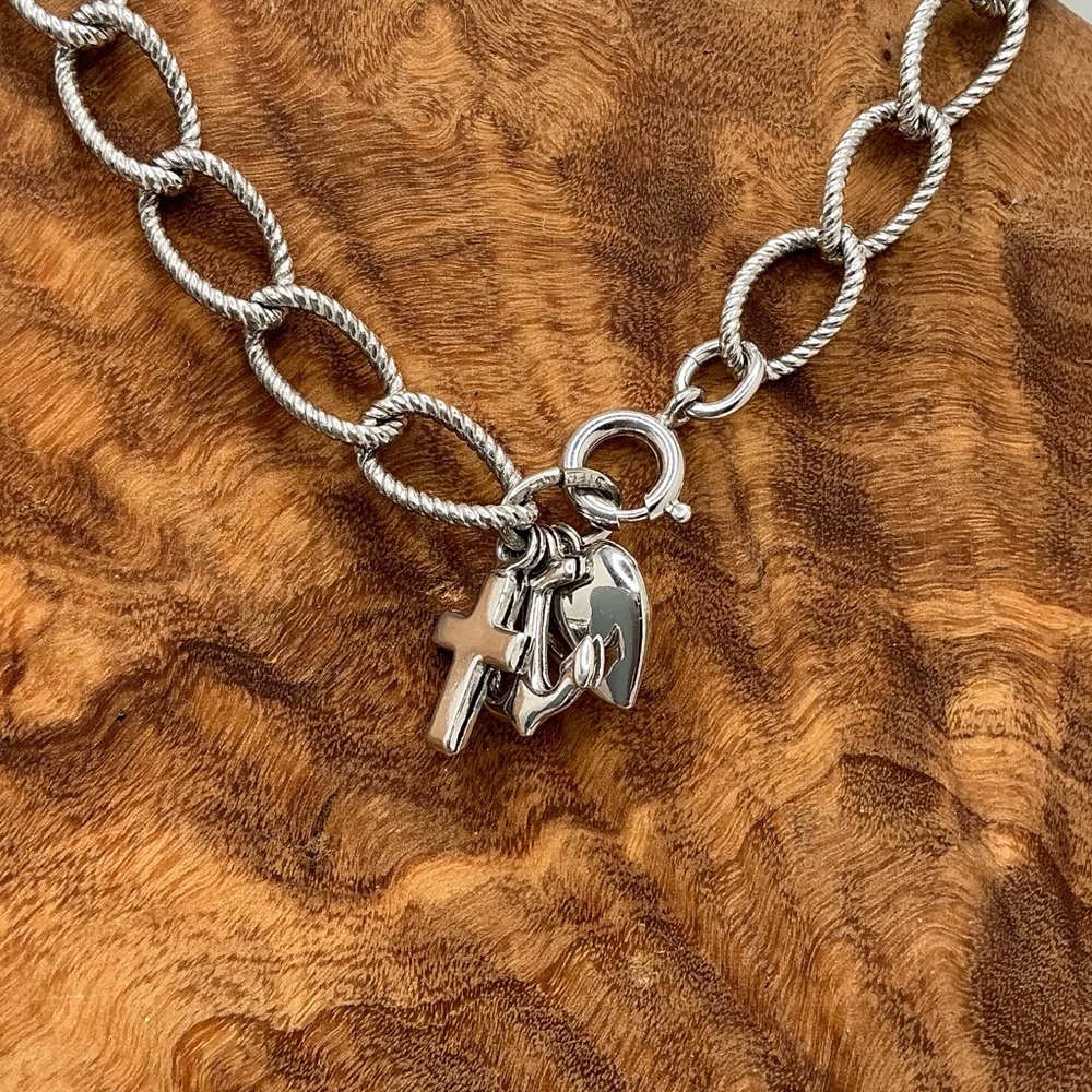 Vintage Silver Bracelet w/ Cross, Anchor & Heart charms | Oval rope style links